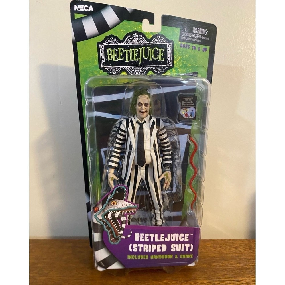 NECA Beetlejuice Striped Suit 6" Action Figure Handbook & Snake Brand New NIB